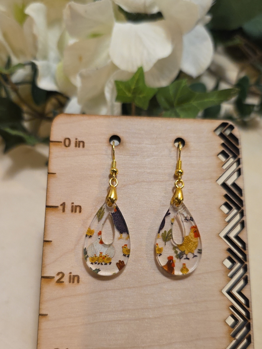 Clear Teardrop Farm Animal Print Dangle Earrings with Gold Accents